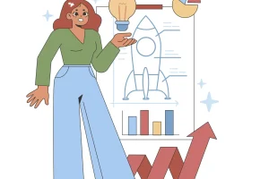 Eine Person steht vor einer Präsentationstafel, auf der eine Rakete, Grafiken und Diagramme zu sehen sind, und hält eine Glühbirne in der Hand. Oben steht das Wort „Pitch“.