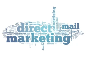 Eine Wortwolke mit prominenten Begriffen wie „Direktmarketing“, „Mail“ und „Werbung“, umgeben von verwandten Wörtern wie „Verbraucher“ und „E-Mail“.