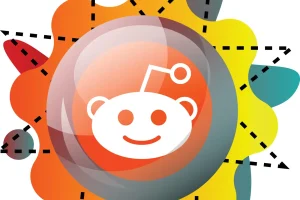 Eine Illustration des Reddit-Logos in kreisförmiger Form, umgeben von bunten abstrakten Formen und gestrichelten Linien.