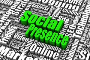 Eine weiße Wortwolke mit Wörtern zum Thema Marketing und dem Wort soziale Präsenz grün hervorgehoben.