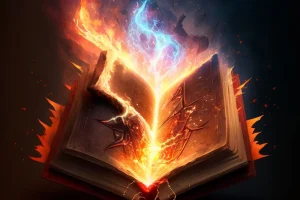 Ein offenes Buch, aus dem Feuer strömt.