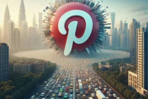 Ein riesiges Pinterest-Logo erhebt sich über einem dicht besiedelten Stadtgebiet mit vielen Autos auf den Straßen, die in Richtung Stadtzentrum führen, umgeben von hohen Gebäuden.