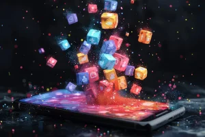 Ein Smartphone, aus dessen Bildschirm bunte App-Symbole hervorquellen, die vor einem dunklen, verschwommenen Hintergrund verschiedene Social-Media-, Kommunikations- und Dienstprogramm-Apps darstellen.