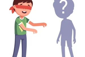 Ein Comic-Kind mit verbundenen Augen streckt seine Hand nach einer Silhouette mit einem Fragezeichen im Gesicht aus.