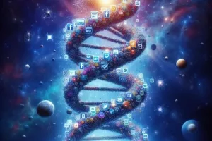 Ein digitales Kunstwerk, das eine DNA-Helix darstellt, die aus verschiedenen Technologie- und Social-Media-Symbolen besteht, vor einem kosmischen Hintergrund mit Planeten und Sternen.