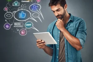 Ein Mann im Jeanshemd blickt nachdenklich auf ein Tablet, umgeben von Icons und Symbolen sozialer Medien, die die Welt des Instagram-Marketings verkörpern.