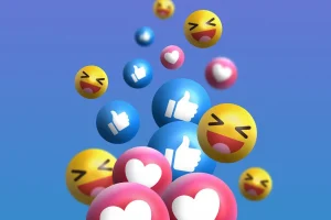 Verschiedene Social-Media-Reaktions-Emojis schweben vor blauem Hintergrund.